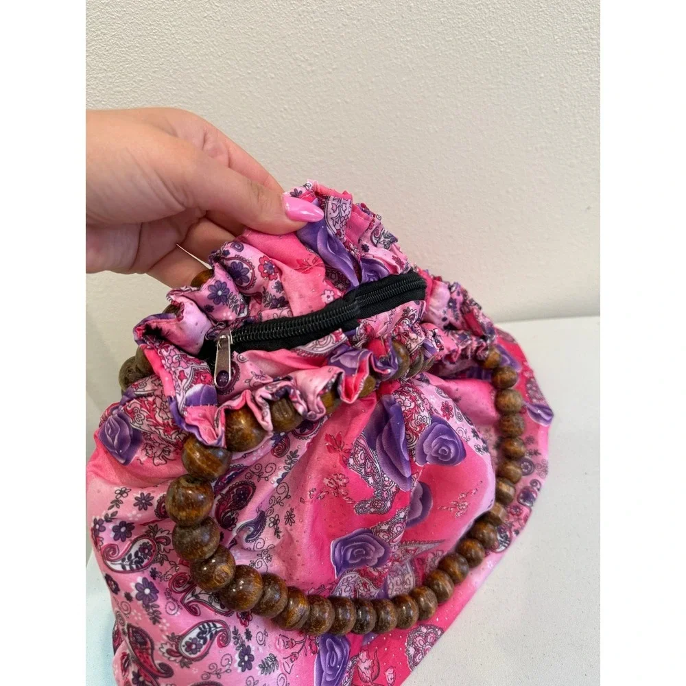 Pink Purple Floral Paisley Hobo Bag Wooden Bead Handle Satin Boho Handbag